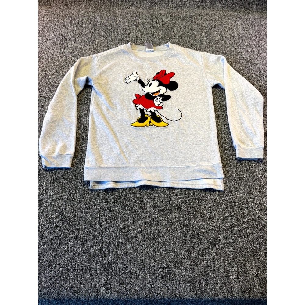 Disney Sweatshirt Womens Heather Gray Chenille Patch Minnie Mouse Crewneck
